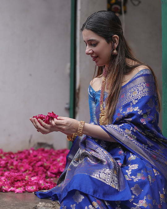 Blue Radiance Pure Banarasi Saree Enchanting Floral Butidar Elegance