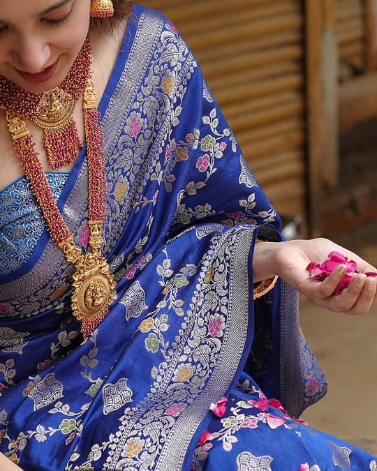 Blue Radiance Pure Banarasi Saree Enchanting Floral Butidar Elegance