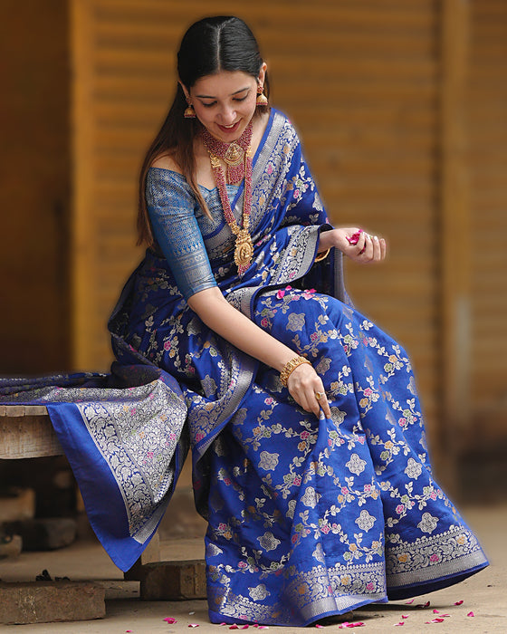 Blue Radiance Pure Banarasi Saree Enchanting Floral Butidar Elegance