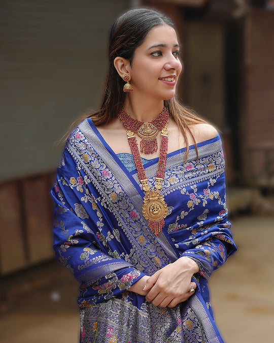 Blue Radiance Pure Banarasi Saree Enchanting Floral Butidar Elegance