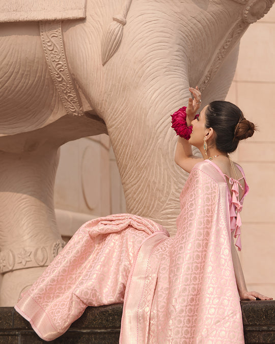 Blush Pink Majesty Handwoven Pure Banarasi Silk Saree with Luxurious Detailing