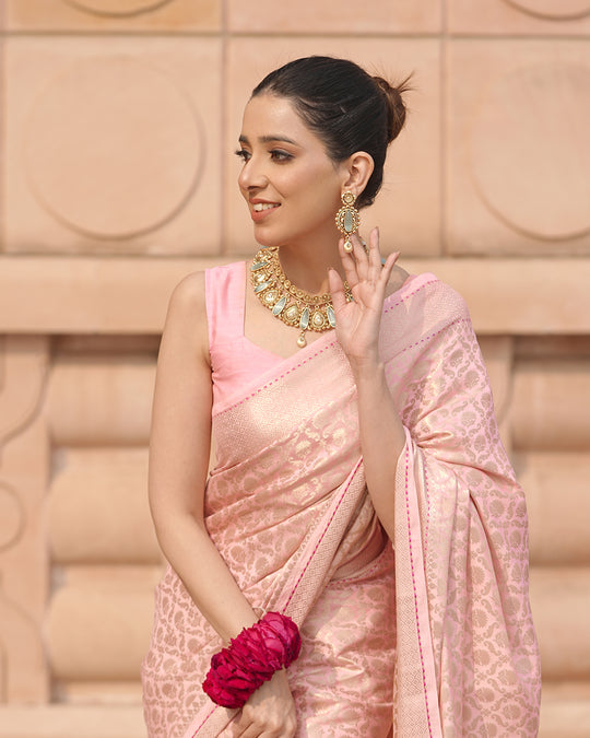 Blush Pink Majesty Handwoven Pure Banarasi Silk Saree with Luxurious Detailing