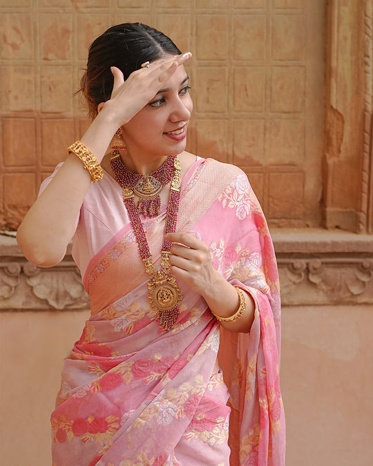Pastel Rose Glow Pure Chiffon Saree with Delicate Zari and Floral Detailing