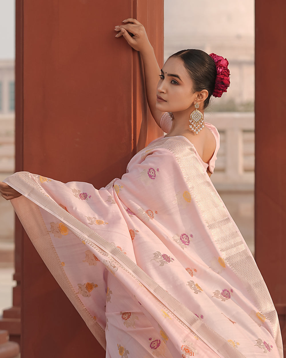 Eternal Bloom Light Pink Pure Banarasi Silk Saree with Meenakari Handwoven Floral Bootis