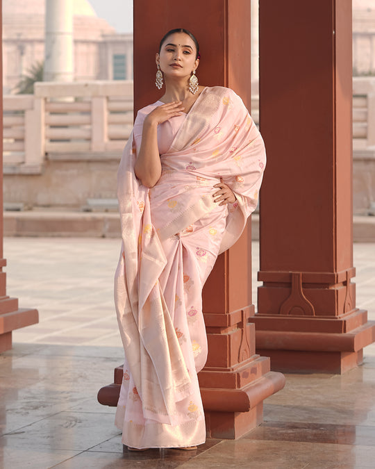 Eternal Bloom Light Pink Pure Banarasi Silk Saree with Meenakari Handwoven Floral Bootis