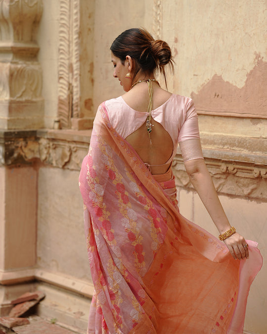 Pastel Rose Glow Pure Chiffon Saree with Delicate Zari and Floral Detailing