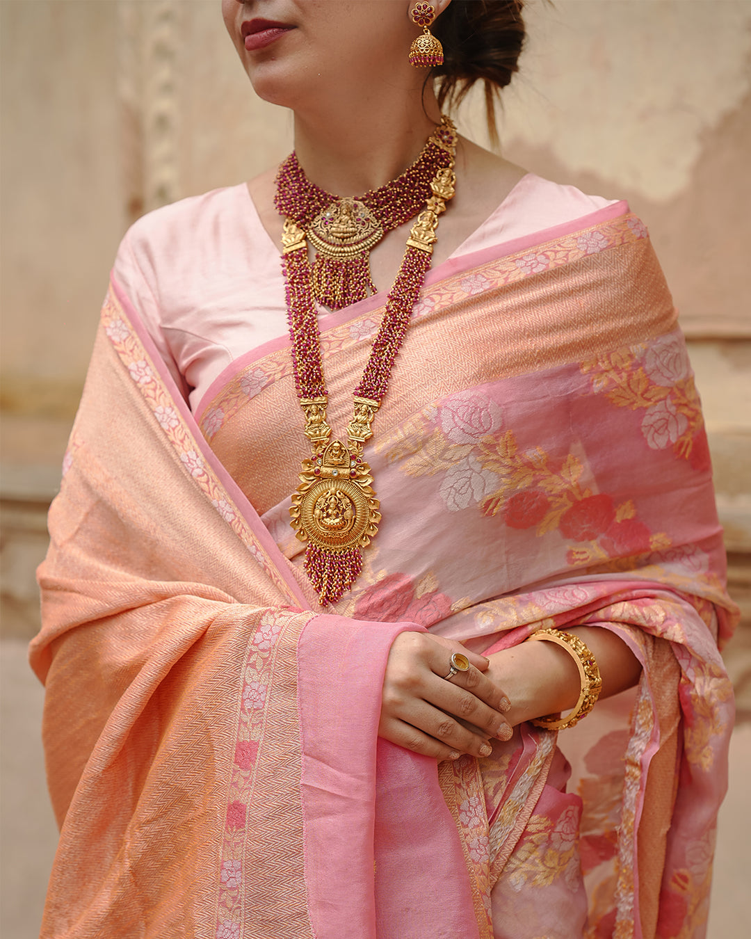 Pastel Rose Glow Pure Chiffon Saree with Delicate Zari and Floral Detailing