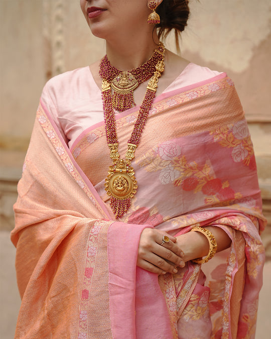 Pastel Rose Glow Pure Chiffon Saree with Delicate Zari and Floral Detailing