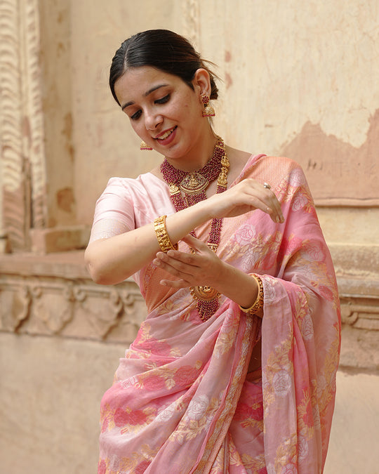 Pastel Rose Glow Pure Chiffon Saree with Delicate Zari and Floral Detailing