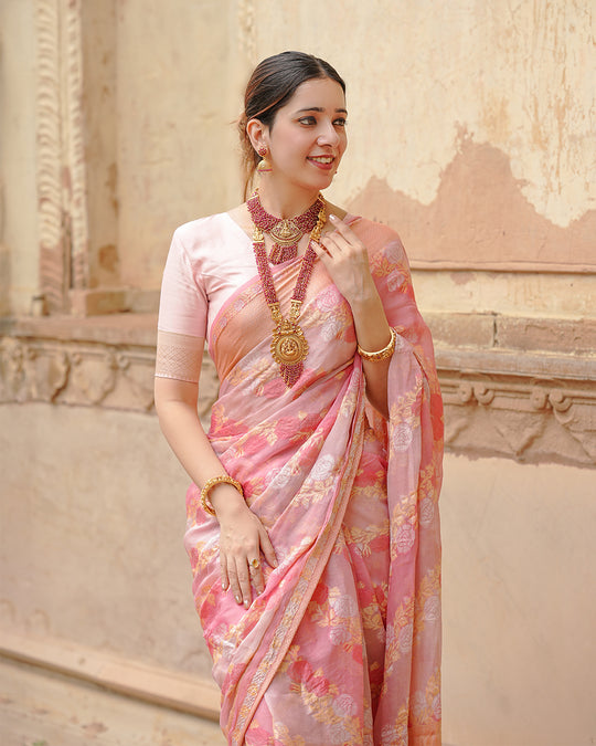 Pastel Rose Glow Pure Chiffon Saree with Delicate Zari and Floral Detailing