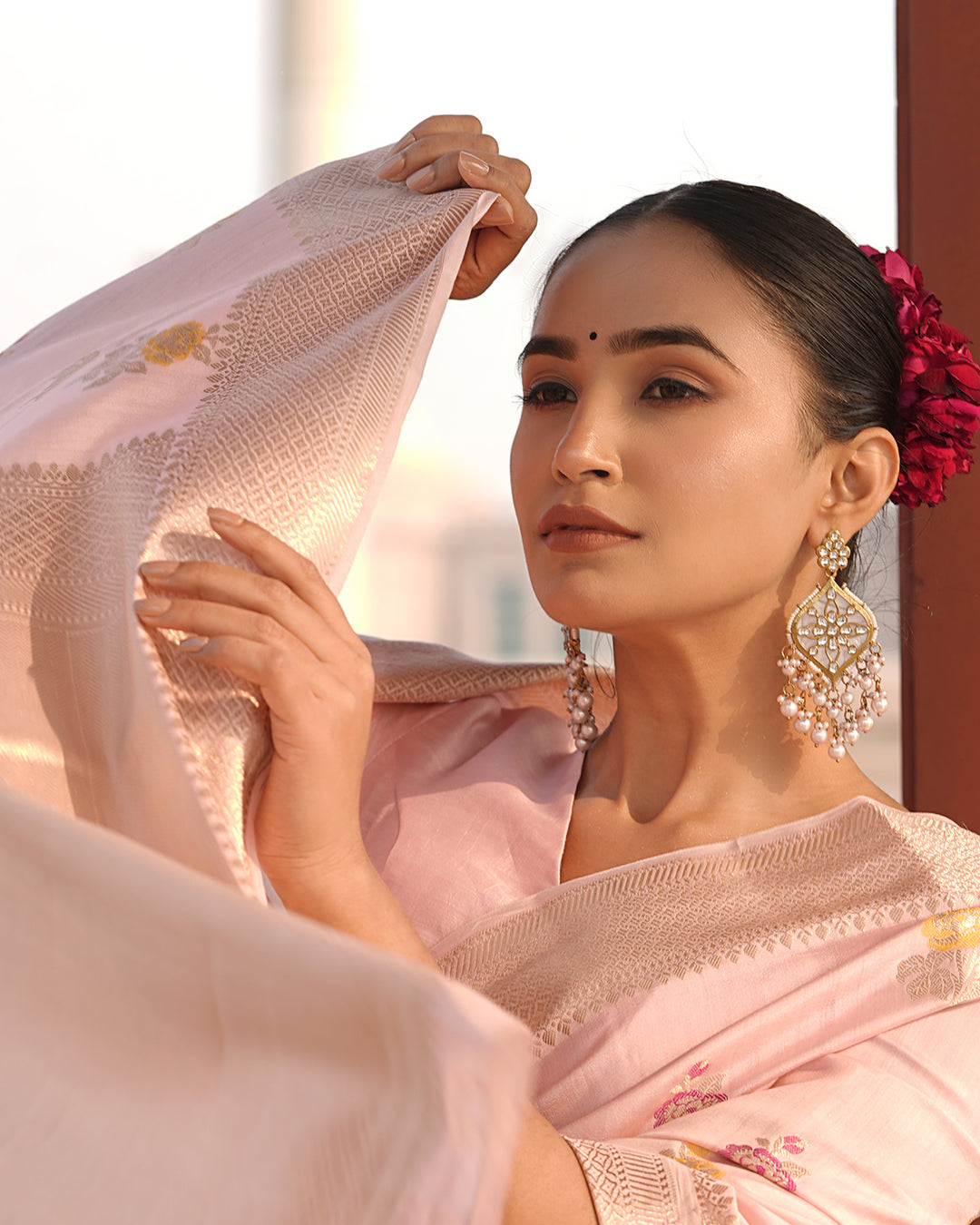 Eternal Bloom Light Pink Pure Banarasi Silk Saree with Meenakari Handwoven Floral Bootis