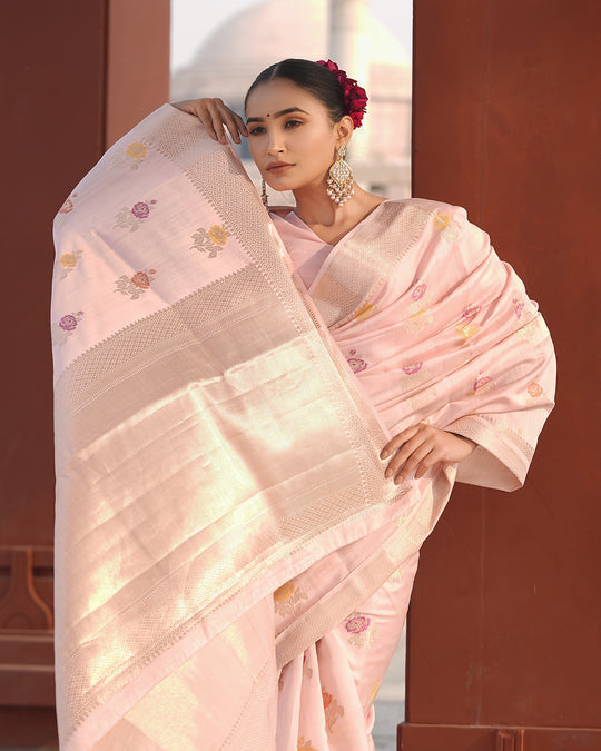 Eternal Bloom Light Pink Pure Banarasi Silk Saree with Meenakari Handwoven Floral Bootis