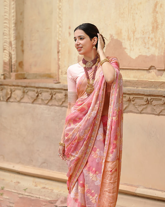 Pastel Rose Glow Pure Chiffon Saree with Delicate Zari and Floral Detailing