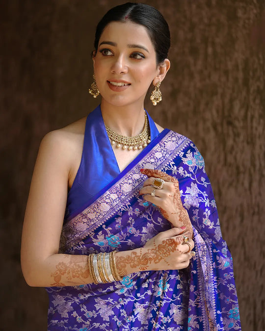 Navy Blue Floral Meenakari Pure Banarasi Saree