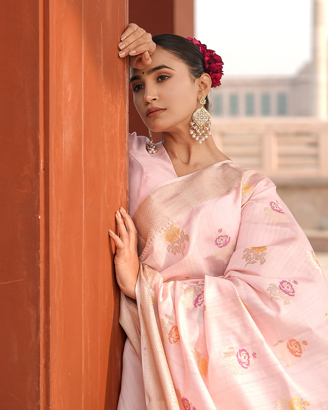 Eternal Bloom Light Pink Pure Banarasi Silk Saree with Meenakari Handwoven Floral Bootis