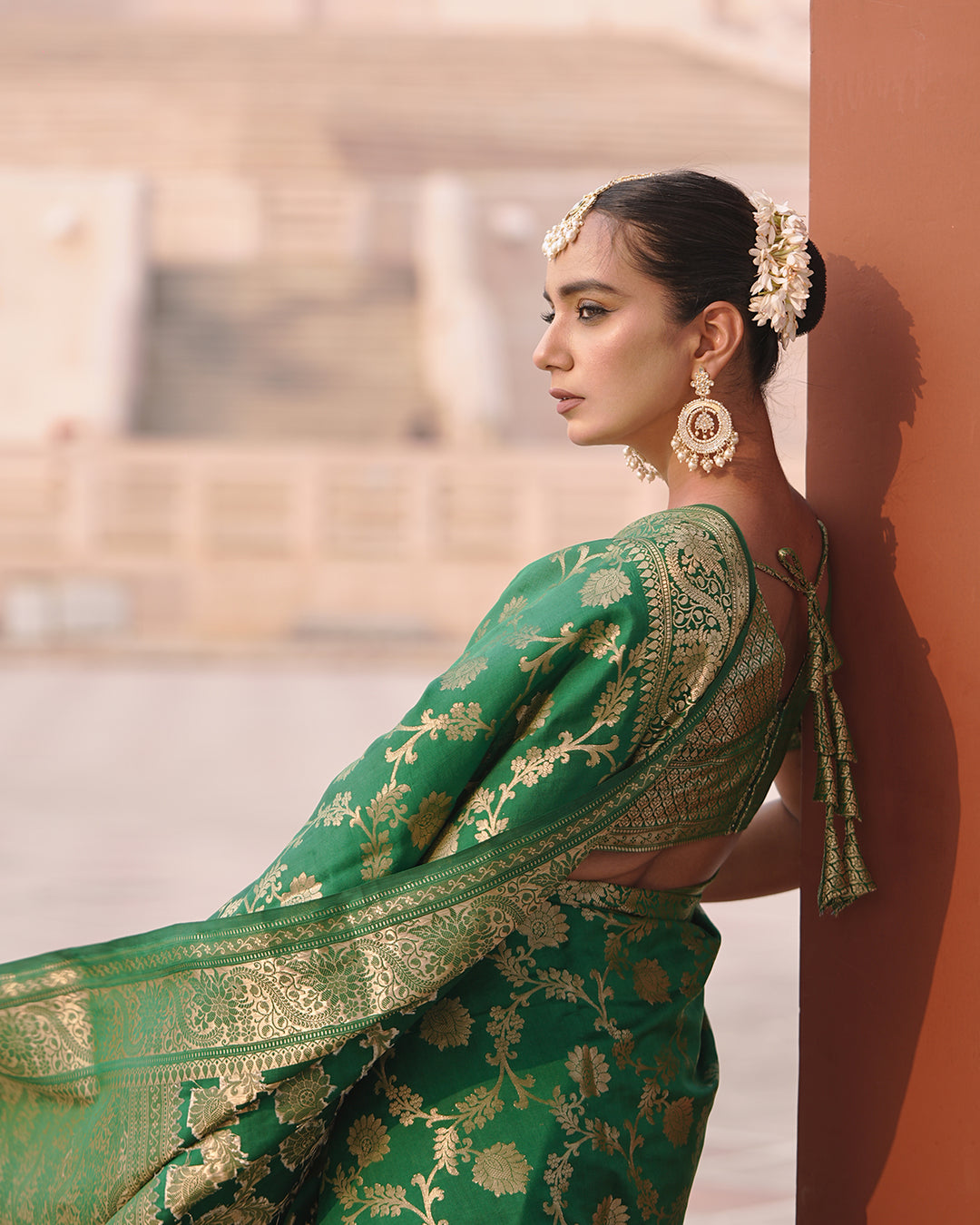 Emerald Dark Green Pure Banarasi Jangla Saree with Royal Handloom Details and Regal Floral Accents