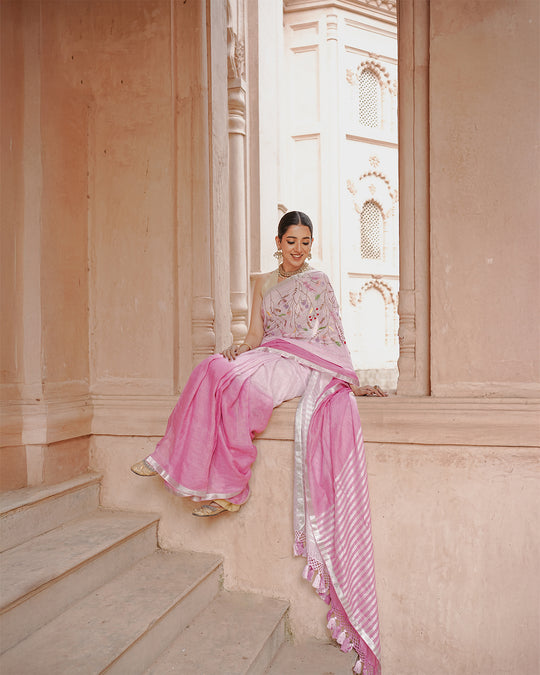 Blush Orchid Pink Pure Linen Saree with Floral Hand Embroidery