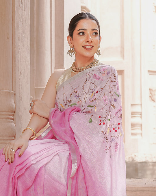 Blush Orchid Pink Pure Linen Saree with Floral Hand Embroidery