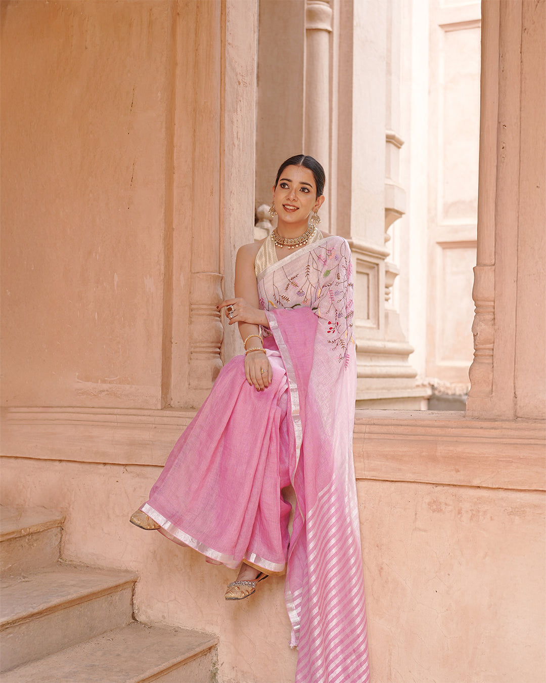 Blush Orchid Pink Pure Linen Saree with Floral Hand Embroidery