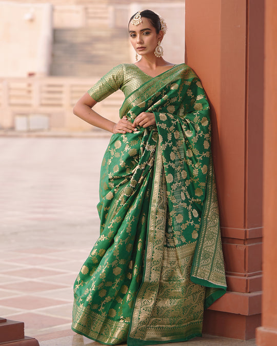 Emerald Dark Green Pure Banarasi Jangla Saree with Royal Handloom Details and Regal Floral Accents