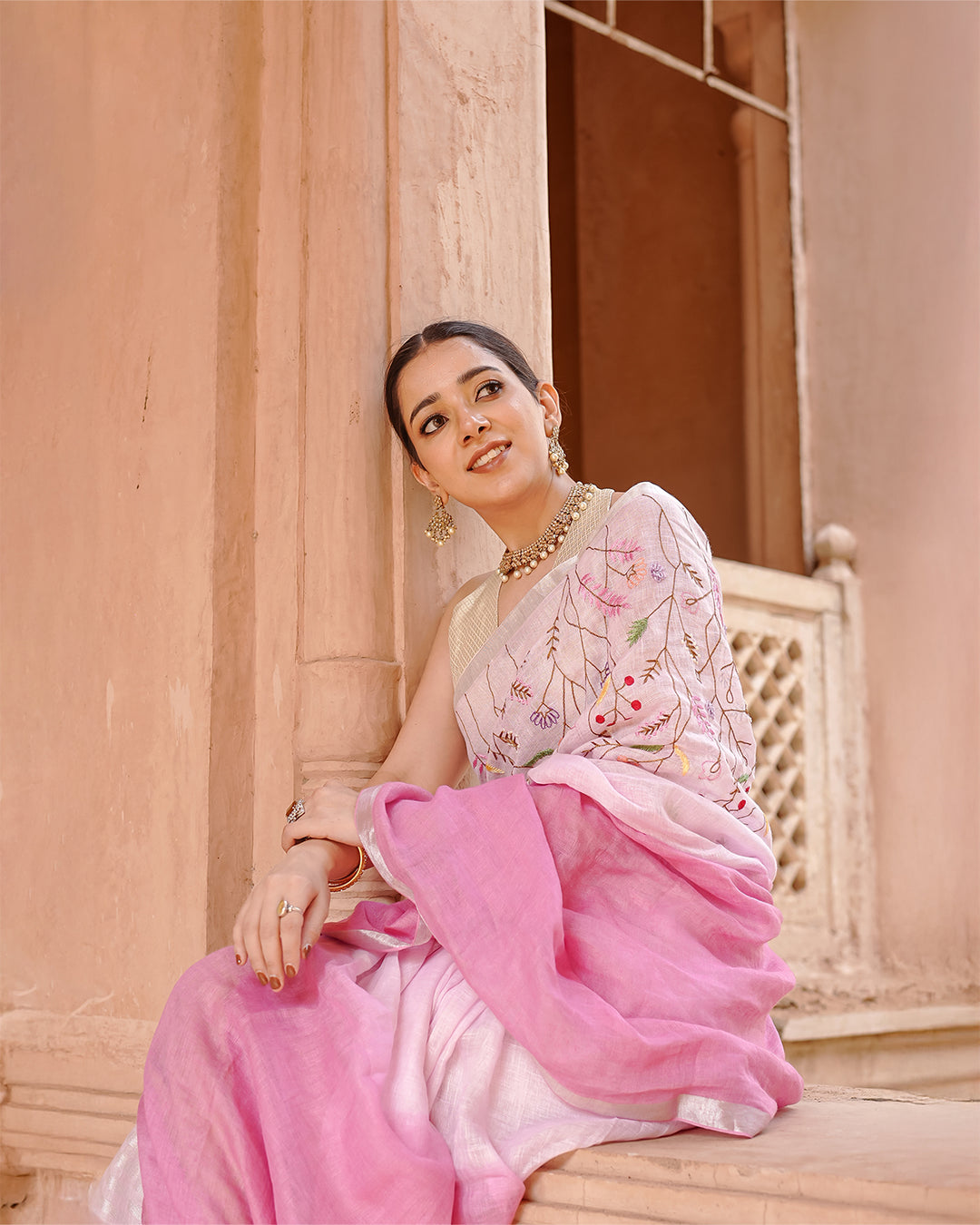 Blush Orchid Pink Pure Linen Saree with Floral Hand Embroidery