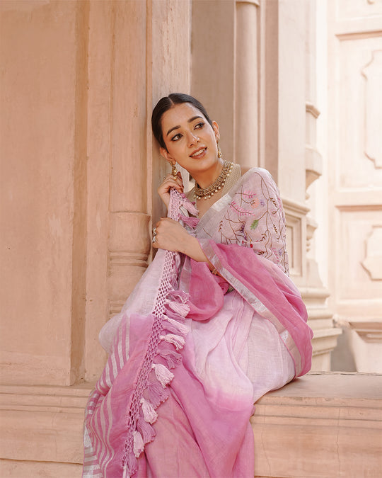 Blush Orchid Pink Pure Linen Saree with Floral Hand Embroidery