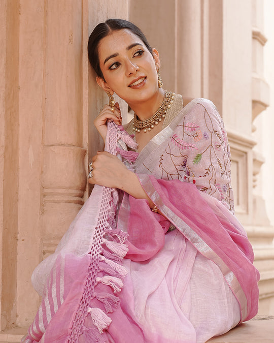 Blush Orchid Pink Pure Linen Saree with Floral Hand Embroidery