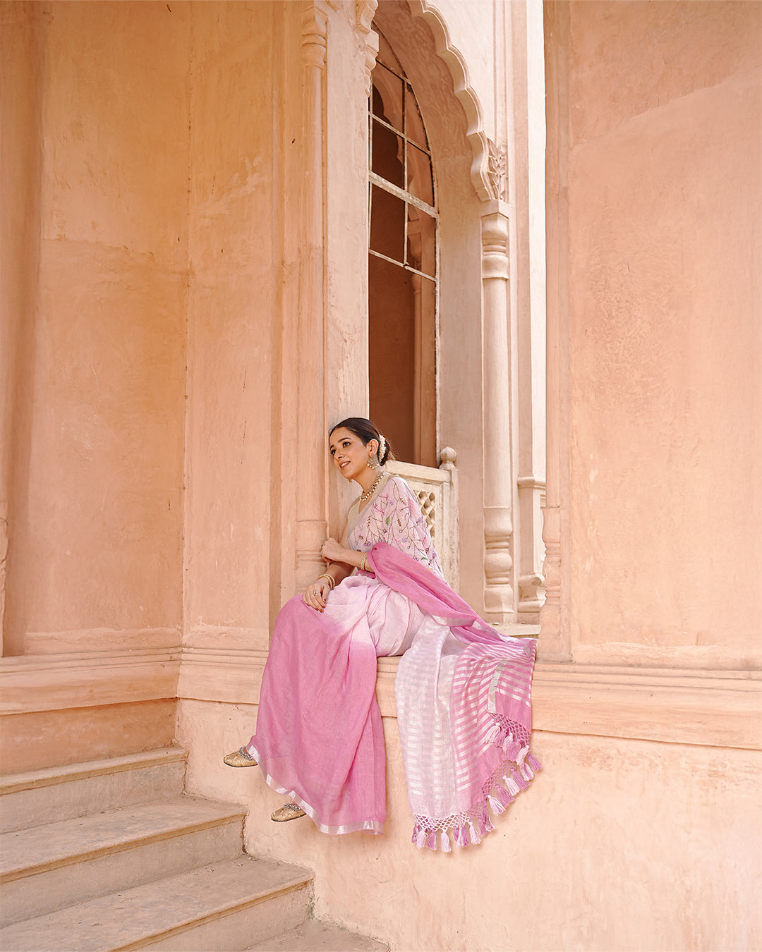 Blush Orchid Pink Pure Linen Saree with Floral Hand Embroidery
