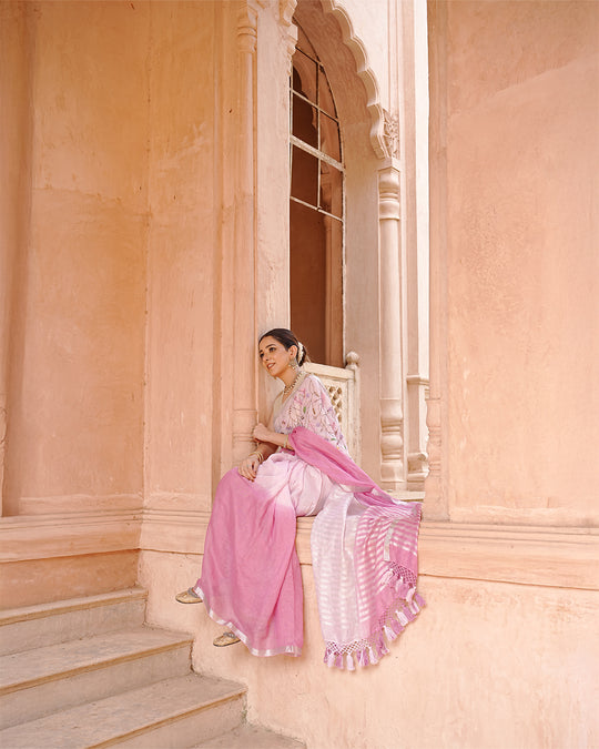 Blush Orchid Pink Pure Linen Saree with Floral Hand Embroidery