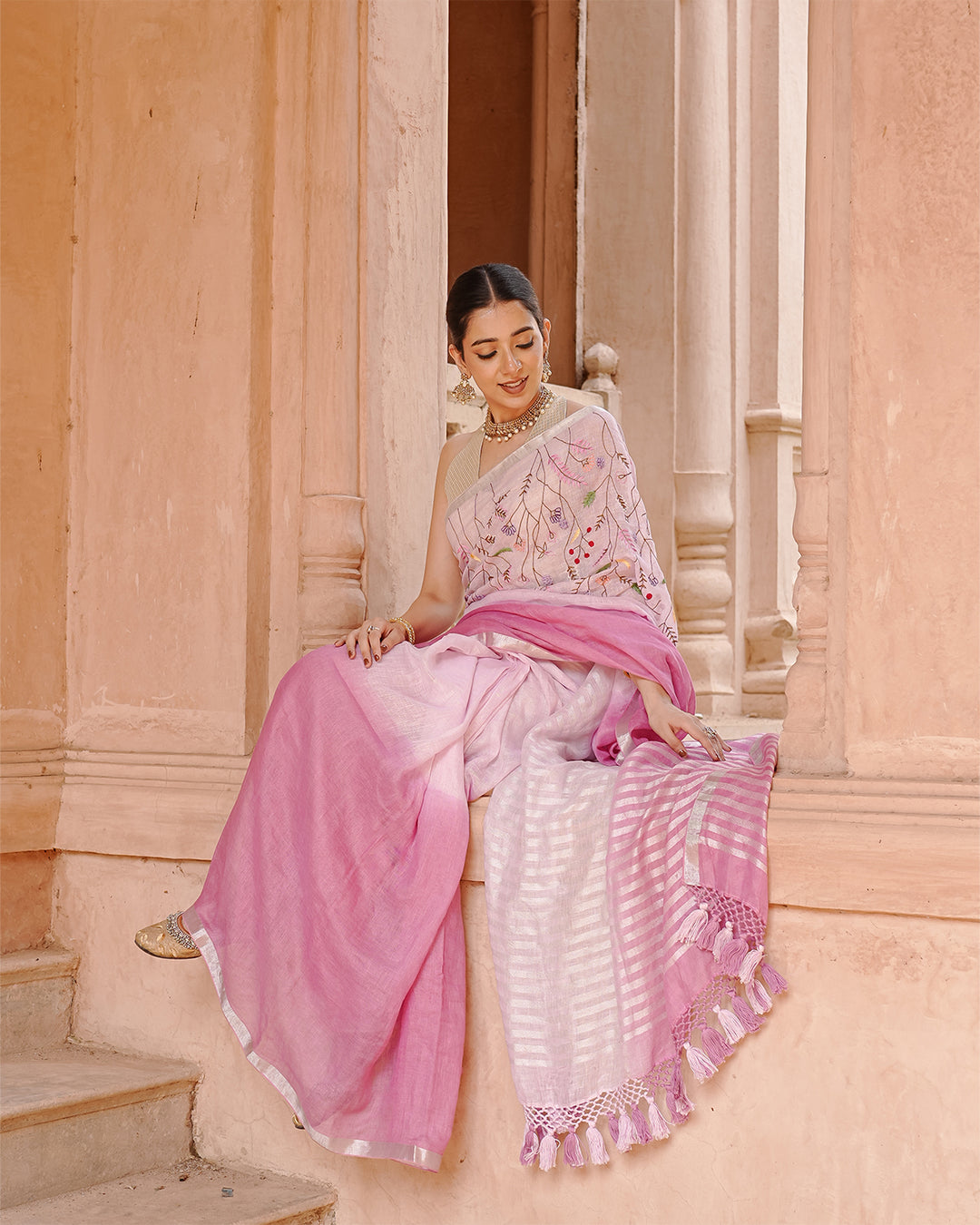 Blush Orchid Pink Pure Linen Saree with Floral Hand Embroidery