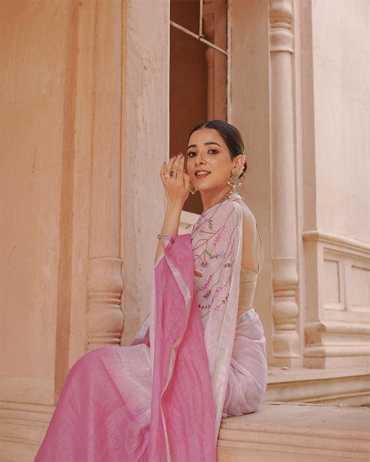 Blush Orchid Pink Pure Linen Saree with Floral Hand Embroidery