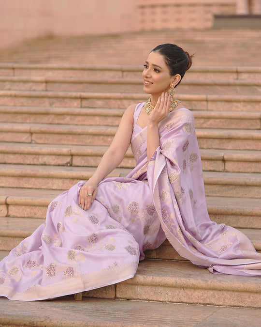 Lavender Opulence Pure Banarasi Silk Saree with Enchanted Floral Details