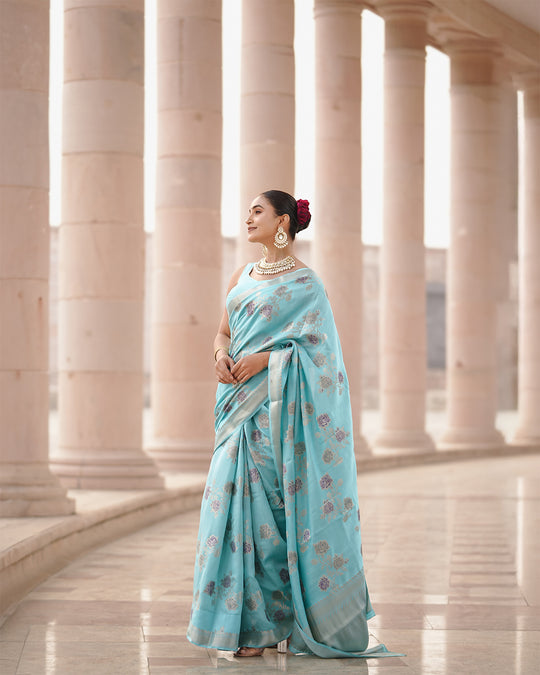 Heavenly Sea Blue Pure Banarasi Silk Saree with Elegant Zari Craftsmanship and Handwoven Floral Accents