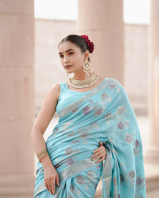 Heavenly Sea Blue Pure Banarasi Silk Saree with Elegant Zari Craftsmanship and Handwoven Floral Accents