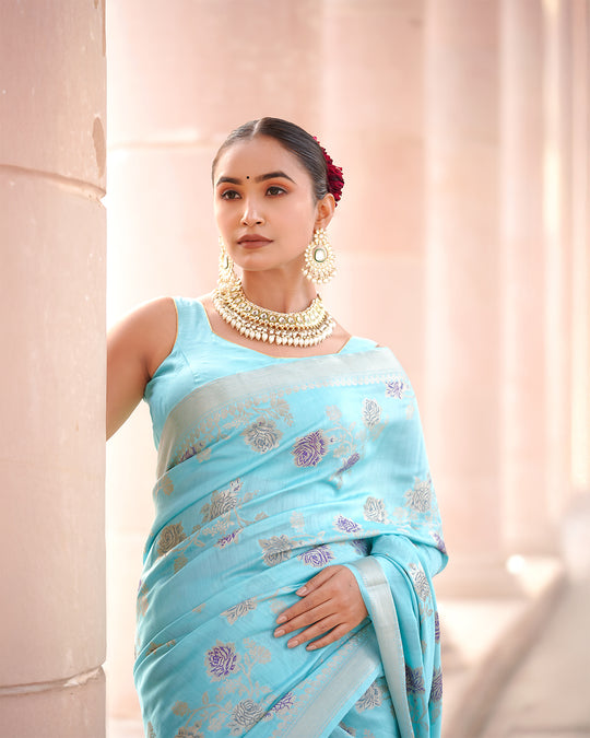 Heavenly Sea Blue Pure Banarasi Silk Saree with Elegant Zari Craftsmanship and Handwoven Floral Accents