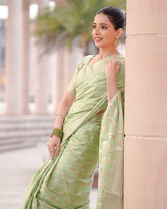 Olive Grace Light Green Pure Banarasi Silk Saree with Ornate Designs