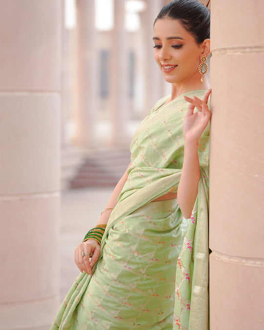 Olive Grace Light Green Pure Banarasi Silk Saree with Ornate Designs