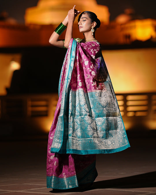 Exquisite Wine Pure Banarasi Silk Saree with Detailed Intricate Motifs and Bold Turquoise Border