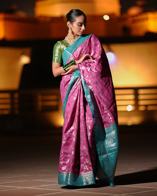 Exquisite Wine Pure Banarasi Silk Saree with Detailed Intricate Motifs and Bold Turquoise Border