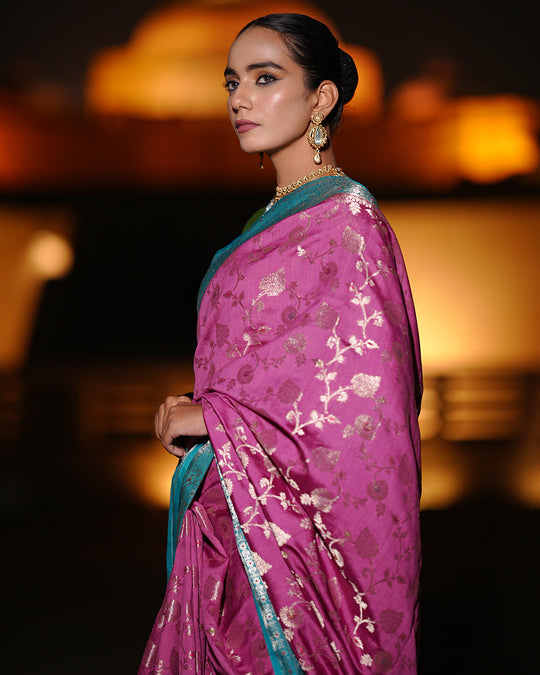 Exquisite Wine Pure Banarasi Silk Saree with Detailed Intricate Motifs and Bold Turquoise Border