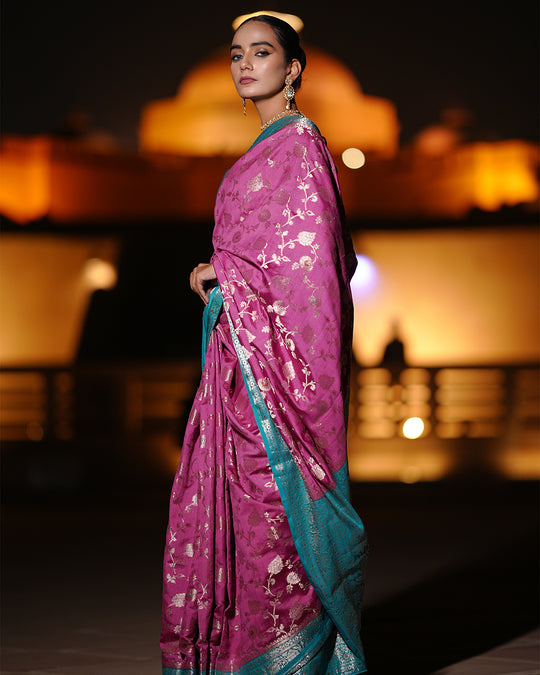 Exquisite Wine Pure Banarasi Silk Saree with Detailed Intricate Motifs and Bold Turquoise Border