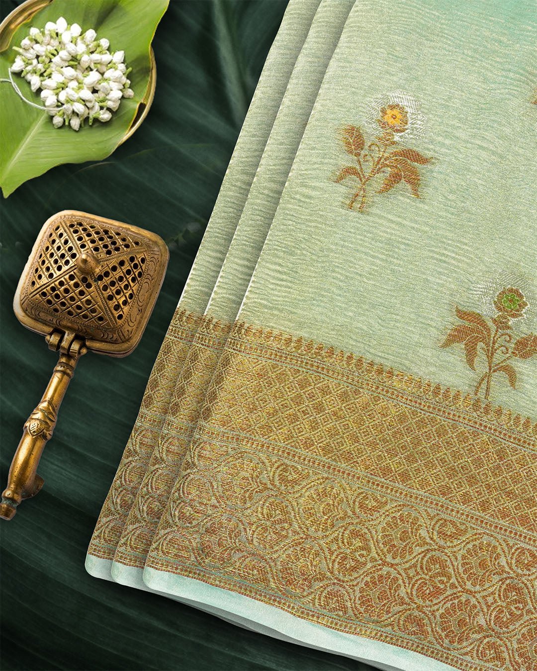 Soft Green Pure Tissue Saree with Blossom Motifs and Heritage Zari Border - katansi