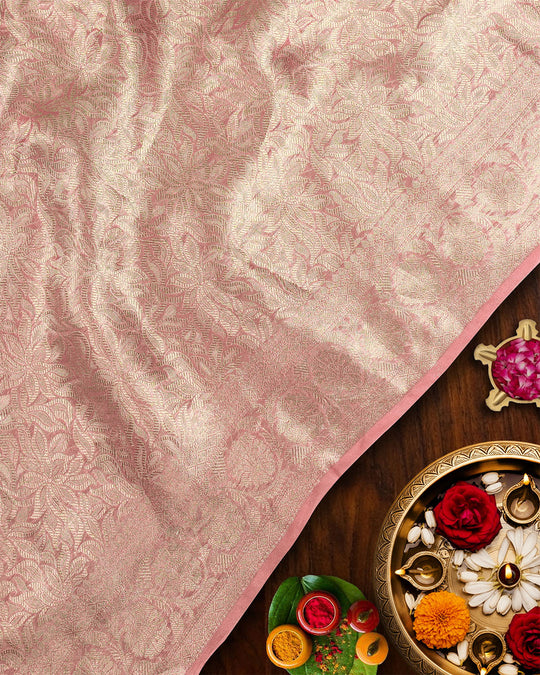 Blush Rose Pure Tissue Saree with Heritage Floral Jaal and Border