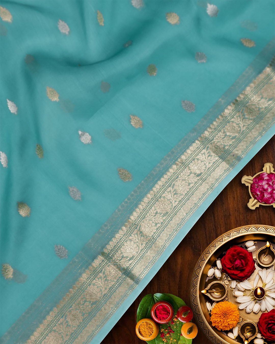 Teal Green Pure Tissue Saree with Classic Gold & Silver Buta Weaves - katansi
