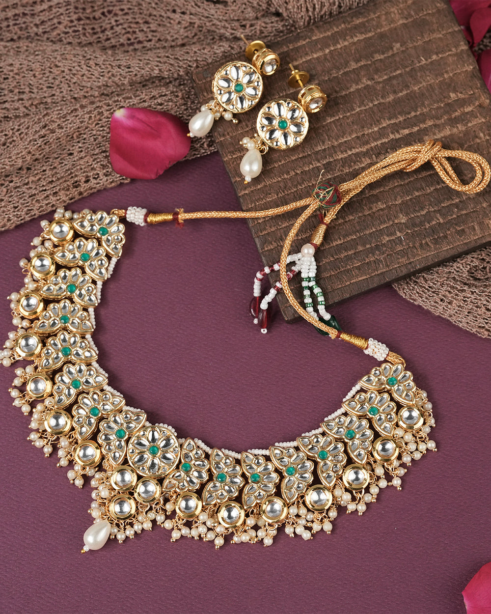 Gold Finish Kundan Polki Necklace Set