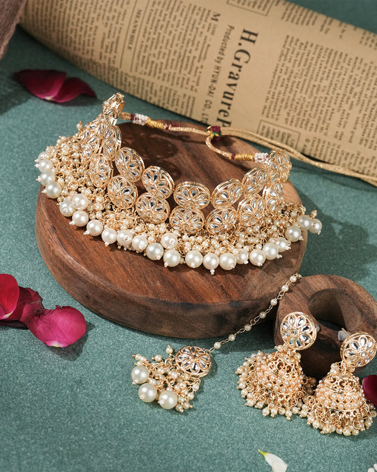 Royal Gold & Pearl Choker with Jhumkas Set