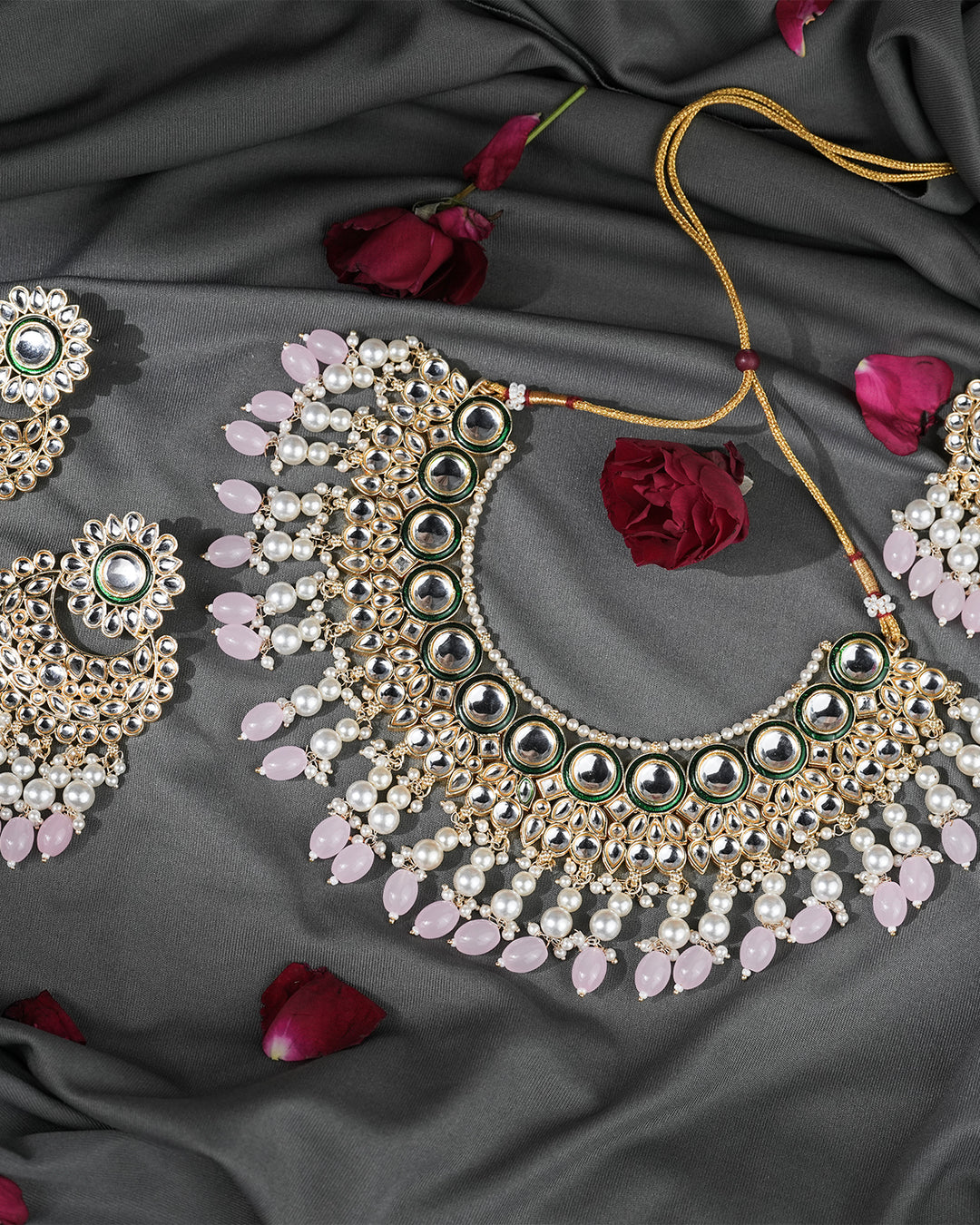 Luxury Gold Plated Kundan & Pink Beaded Necklace Set