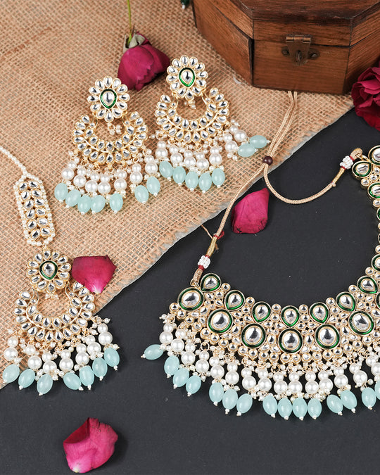 Gold Plated Green Kundan Studded Blue Beaded Jewellery Set