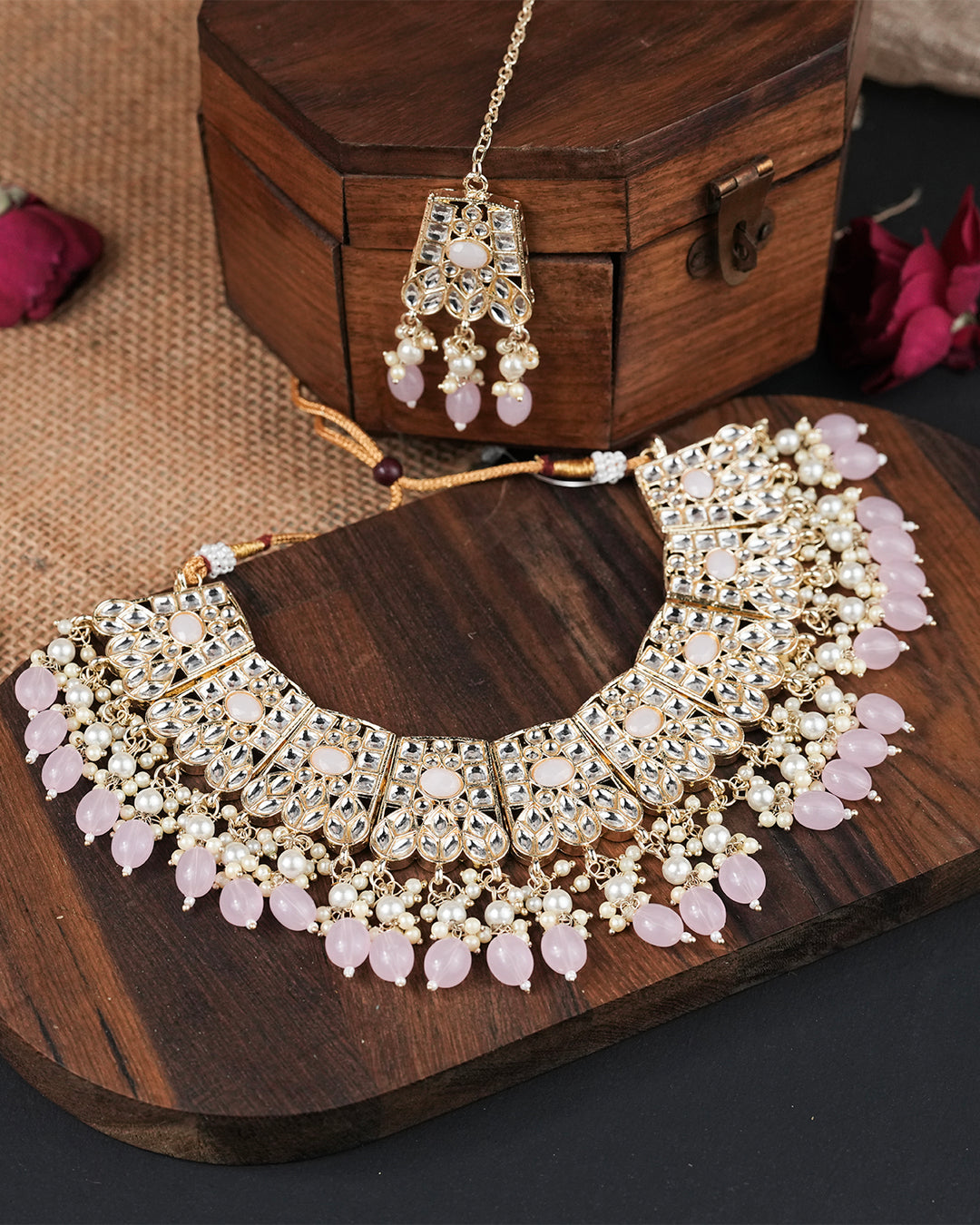 Gold Plated Pink Color Kundan Neclace Set