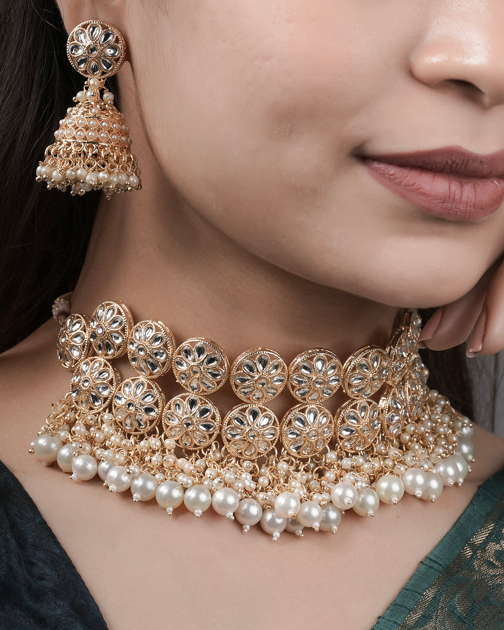 Royal Gold & Pearl Choker with Jhumkas Set